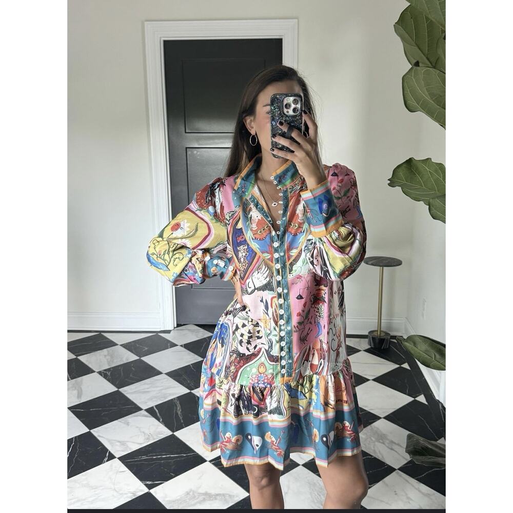 Blue Evergreen Whimsical Art Storybook Print Mini Dress Fairycore Boho Sz S